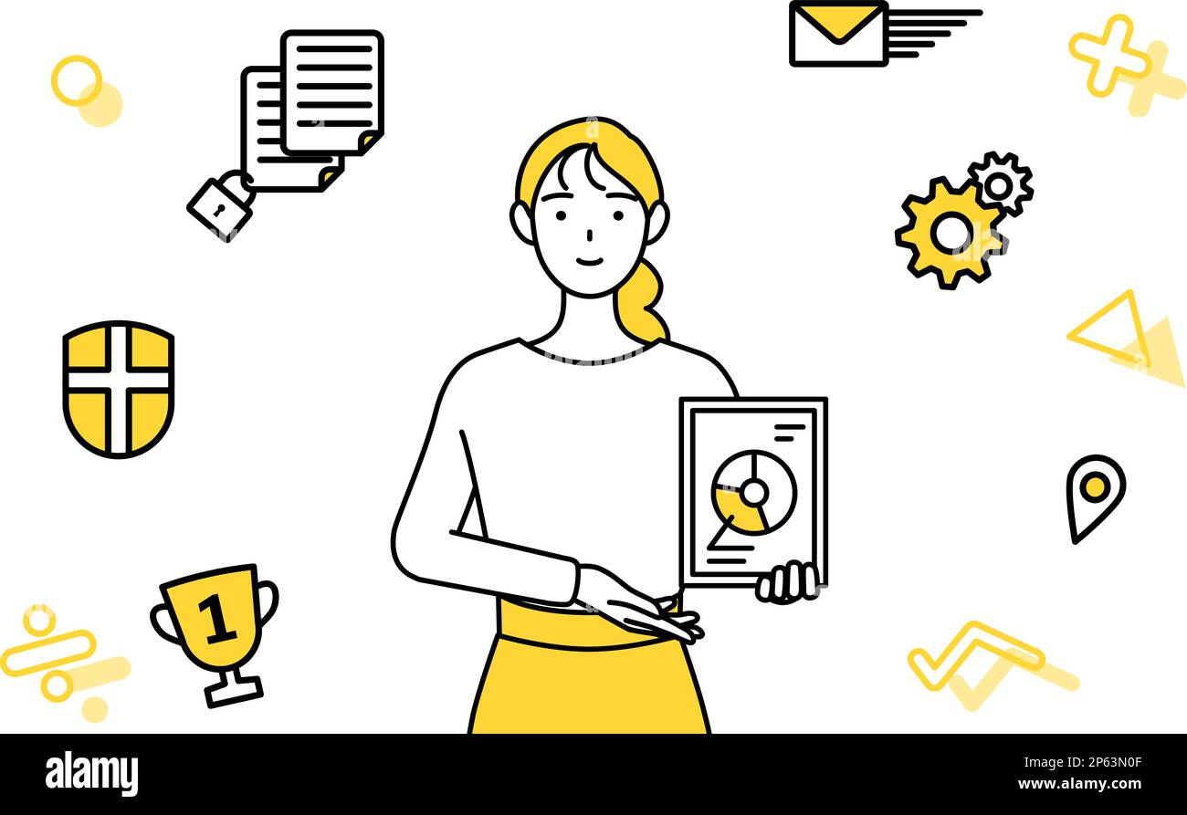 Bild von DX, Einer ungezwungenen jungen Frau, die digitale Technologie zur Verbesserung ihres Geschäfts verwendet, Vector Illustration Stock Vektor