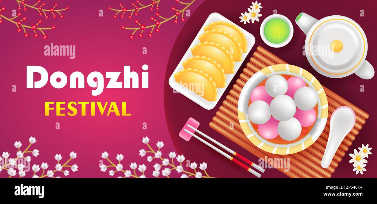 Dongzhi-Festival. 3D Abbildung von gebratenen Teigtaschen, süßen Suppenknödeln und grünem Tee Stock Vektor