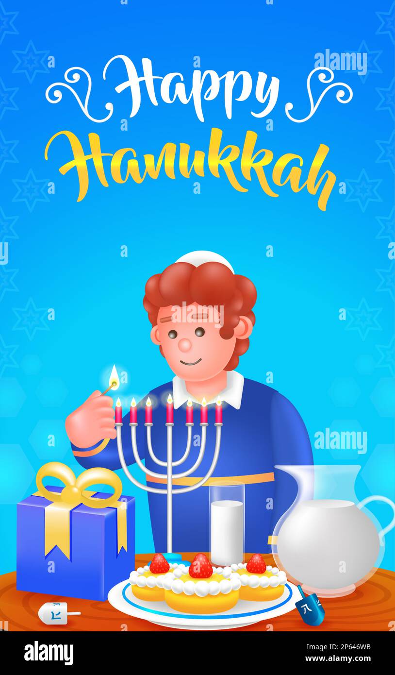 Happy Hanukka, 3D-Darstellung eines jungen Mannes, der eine Kerze zündet Stock Vektor