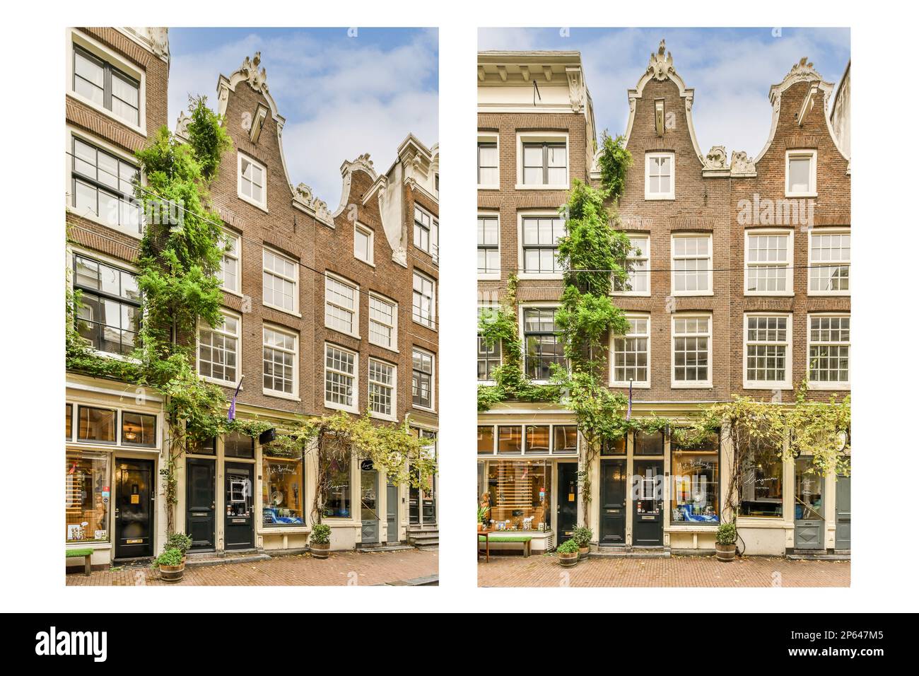 Amsterdam, Niederlande - 10. April 2021: Zwei Gebäude mit Bäumen, die vorne wachsen und ein Gebäude hinten, beide gegenüberliegend, werden aus verschiedenen Blickwinkeln aufgenommen Stockfoto