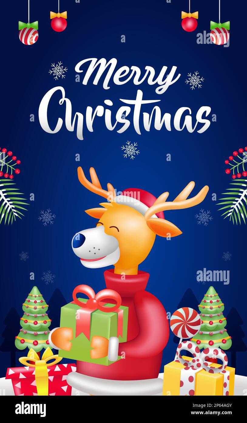 Fröhliche Weihnachten, 3D Abbildung eines Hirsches mit Weihnachtsdeko Stock Vektor