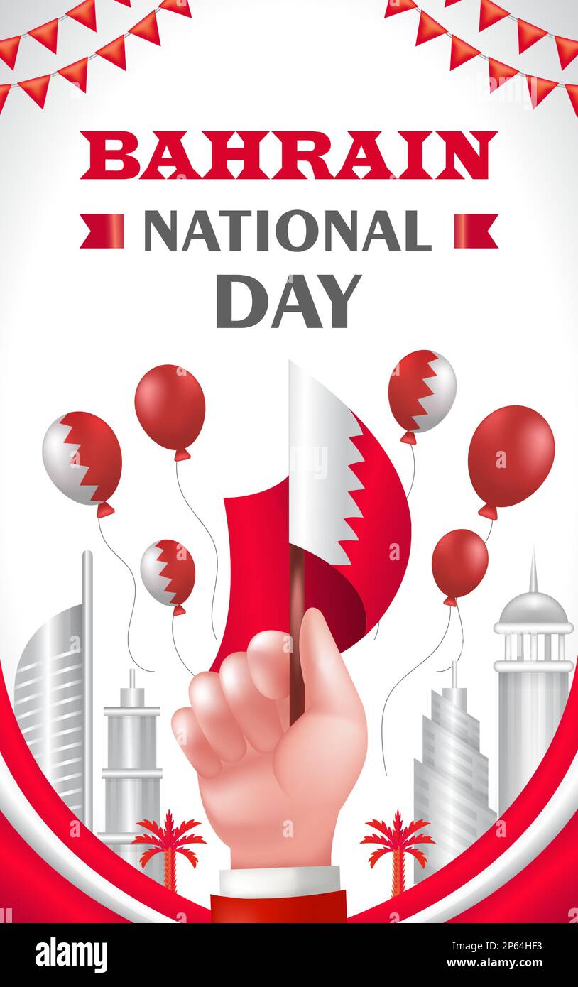Nationalfeiertag von Bahrain, 3D-Darstellung einer handgehaltenen Flagge mit Bauschmuck und Ballon Stock Vektor