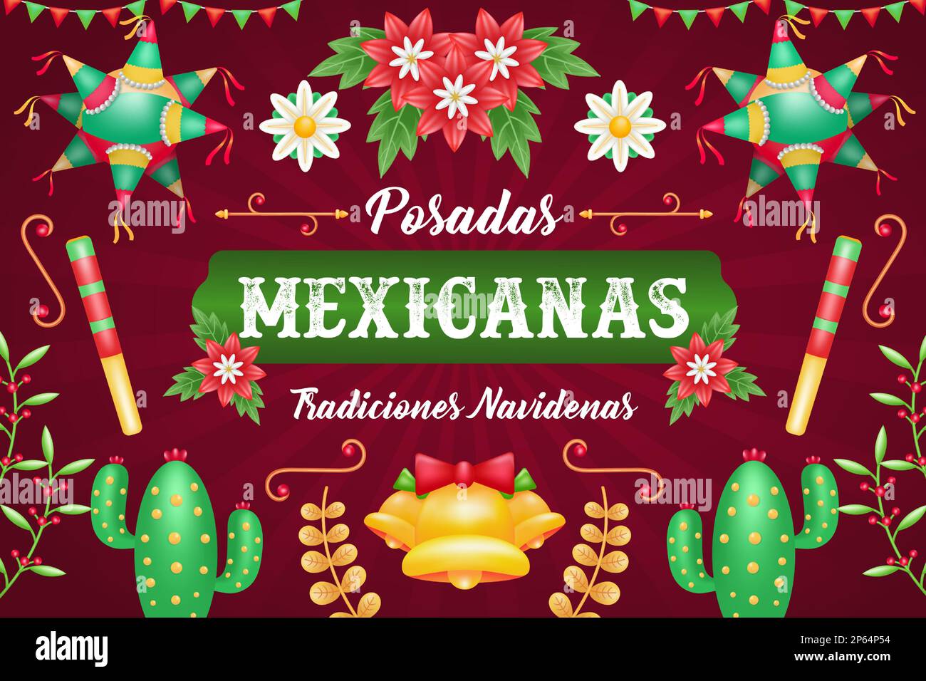 Posadas Mexicanas. 3D Darstellung von piñata, Kaktus und Blumenverzierung Stock Vektor