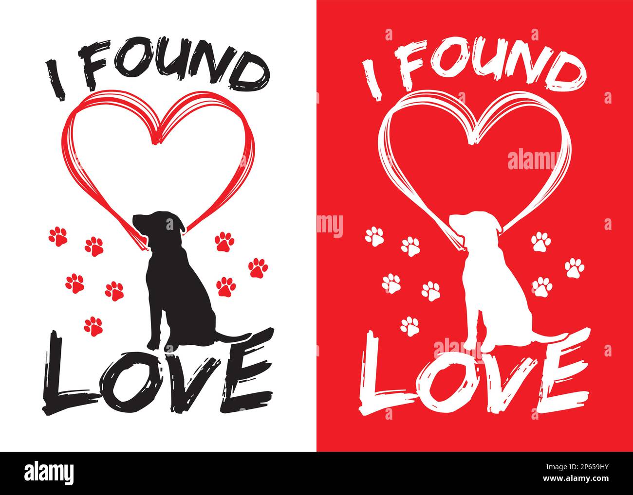 Hundefreunde-T-Shirt mit Pfotenmuster, Herz- und Hundesilhouette. Ich fand ein Liebesvektordesign mit zwei verschiedenen Farbvarianten. Stock Vektor