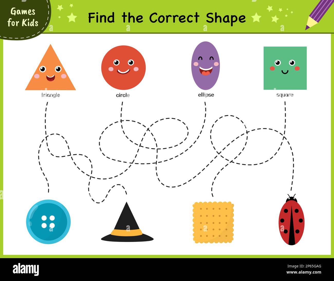 Suchen Sie die richtige Form. Labyrinth-Spiel für Kinder. Aktivitätsseite „Lernformen“ Stock Vektor