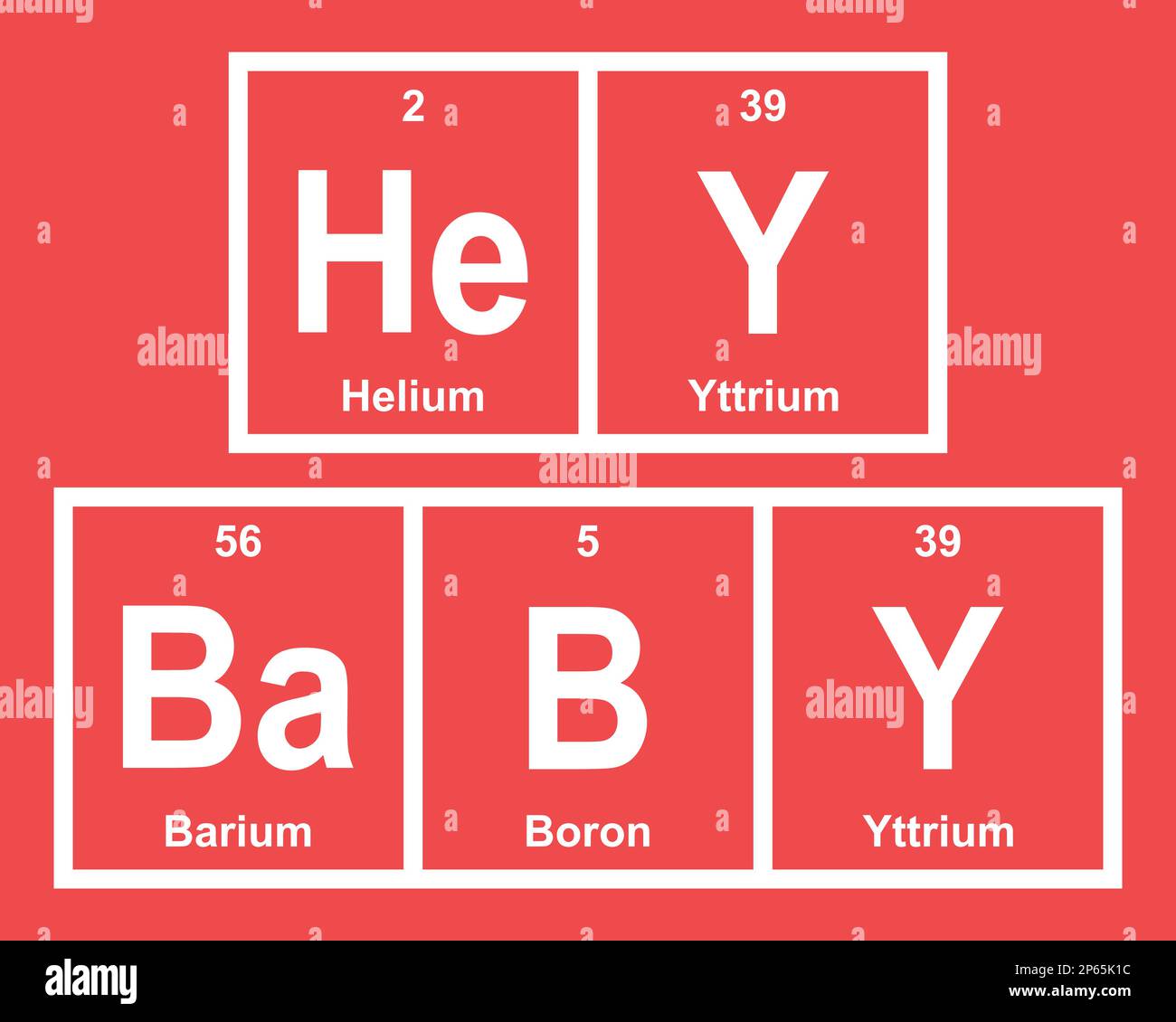 Hey Baby – Helium, Yttrium, Barium und Bor. Lustiger Satz mit dem Periodensystem der chemischen Elemente auf rotem Hintergrund. Stock Vektor