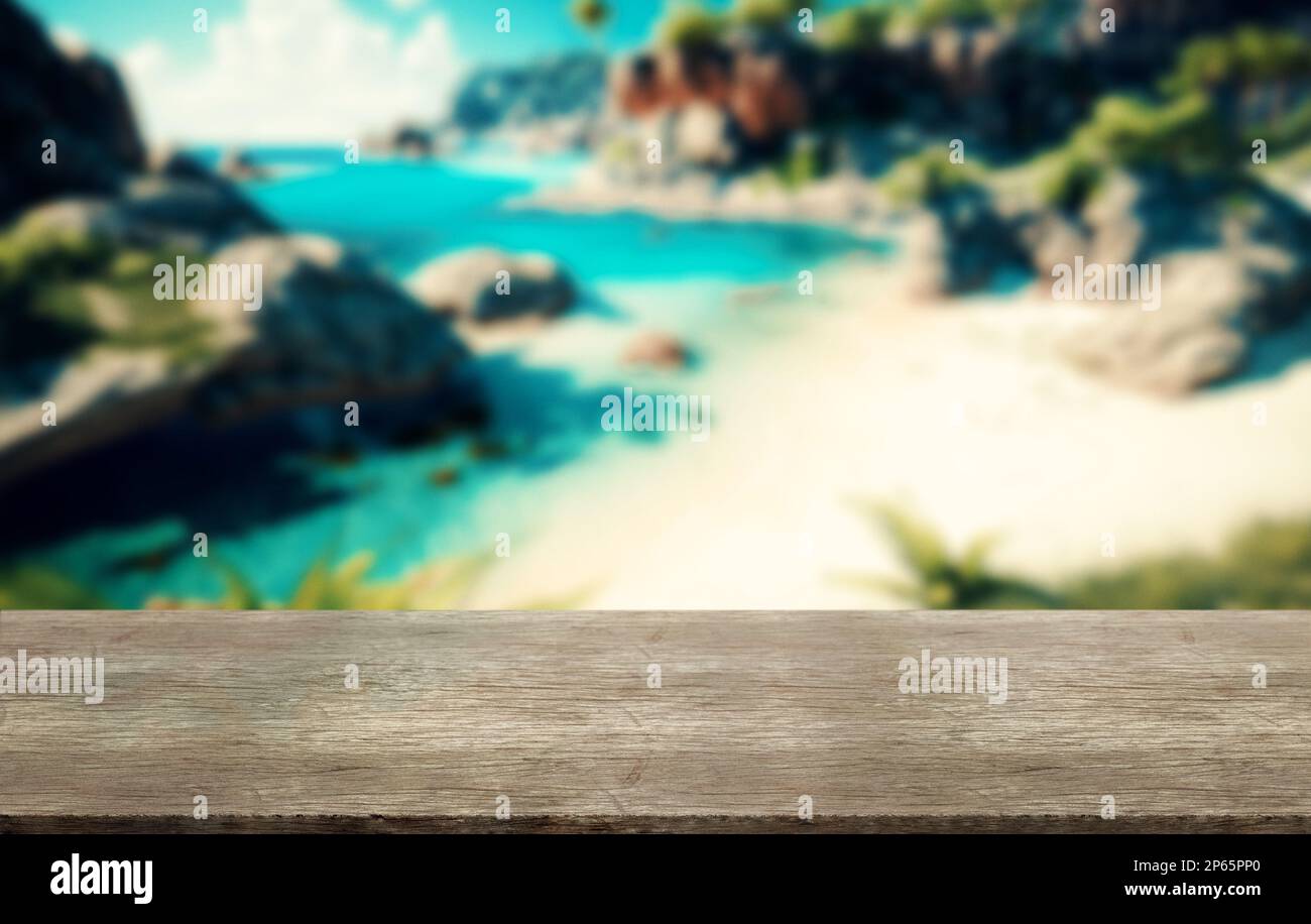 Tischplatte aus Holz auf verschwommenem Strandhintergrund, Sommerkonzept. Stockfoto