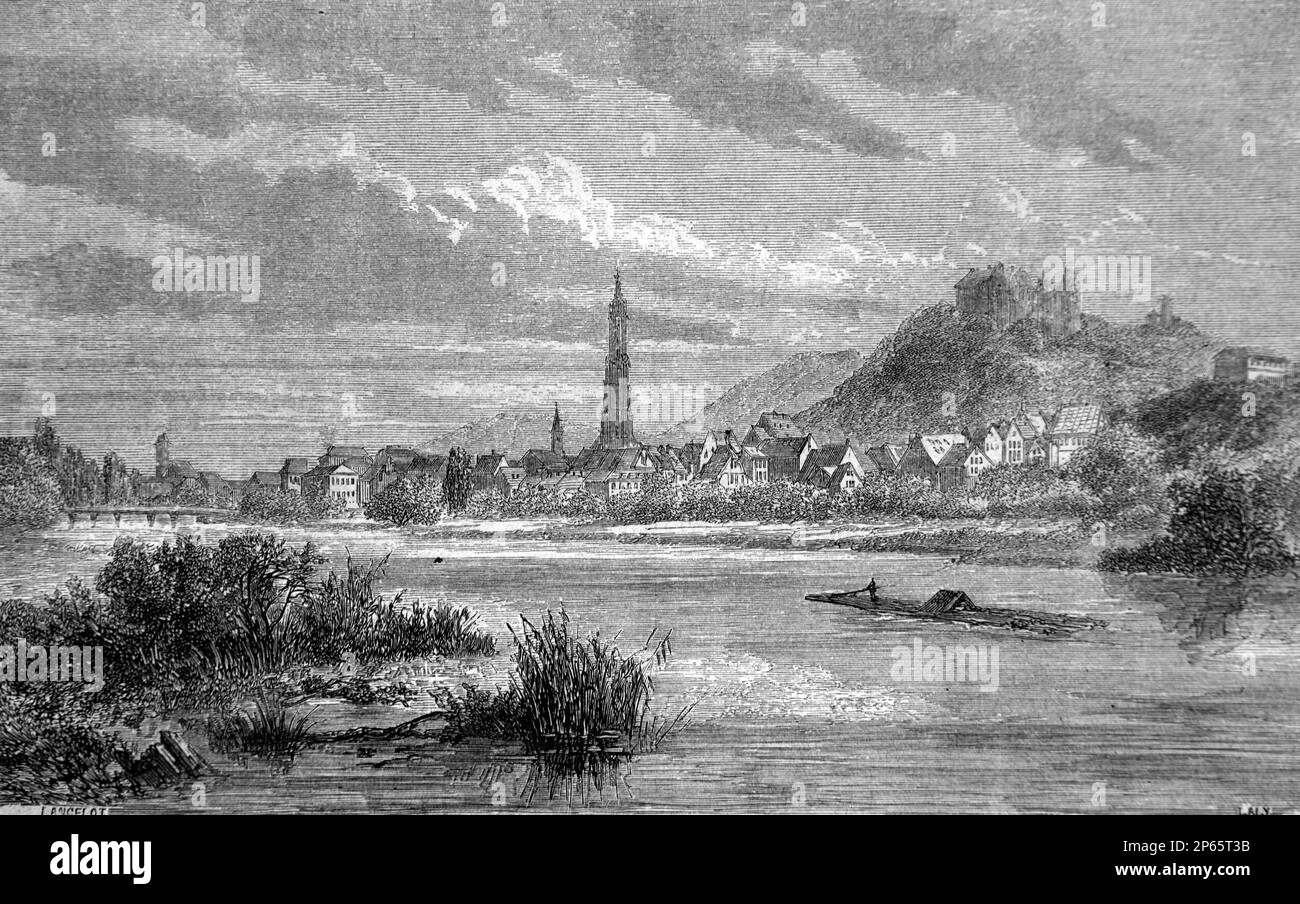 Frühe Sicht auf Landshut mit Kirche St. Martin und Isar, Bayern Deutschland. Vintage-Gravur oder Abbildung 1862 Stockfoto