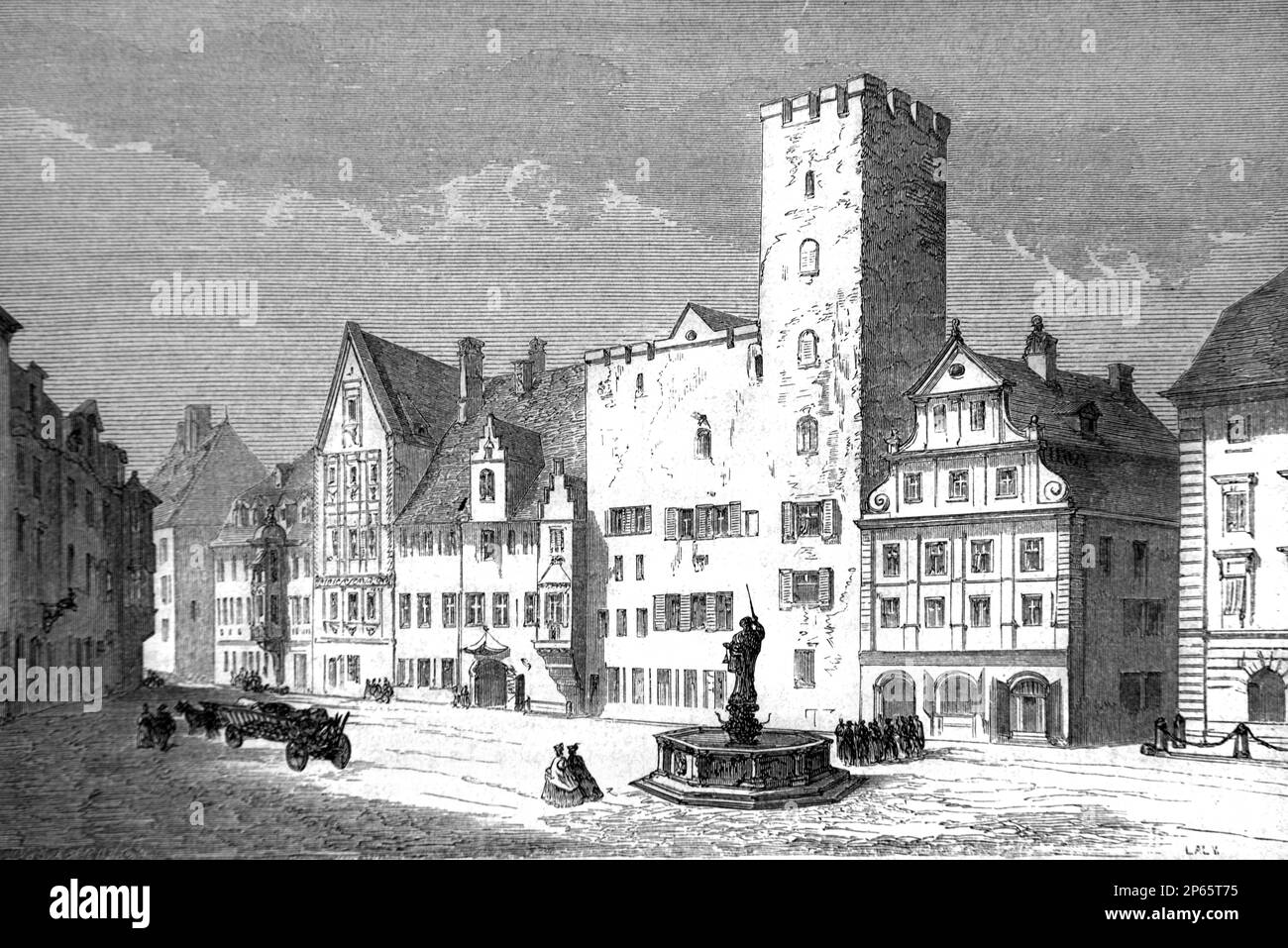 Mittelalterliches Turmhaus oder Handelsturm, auch bekannt als Barbera Blumberg Turmhaus, in der Altstadt oder im historischen Bezirk Regensburg Bayern Deutschland. Vintage-Gravur oder Abbildung 1862 Stockfoto