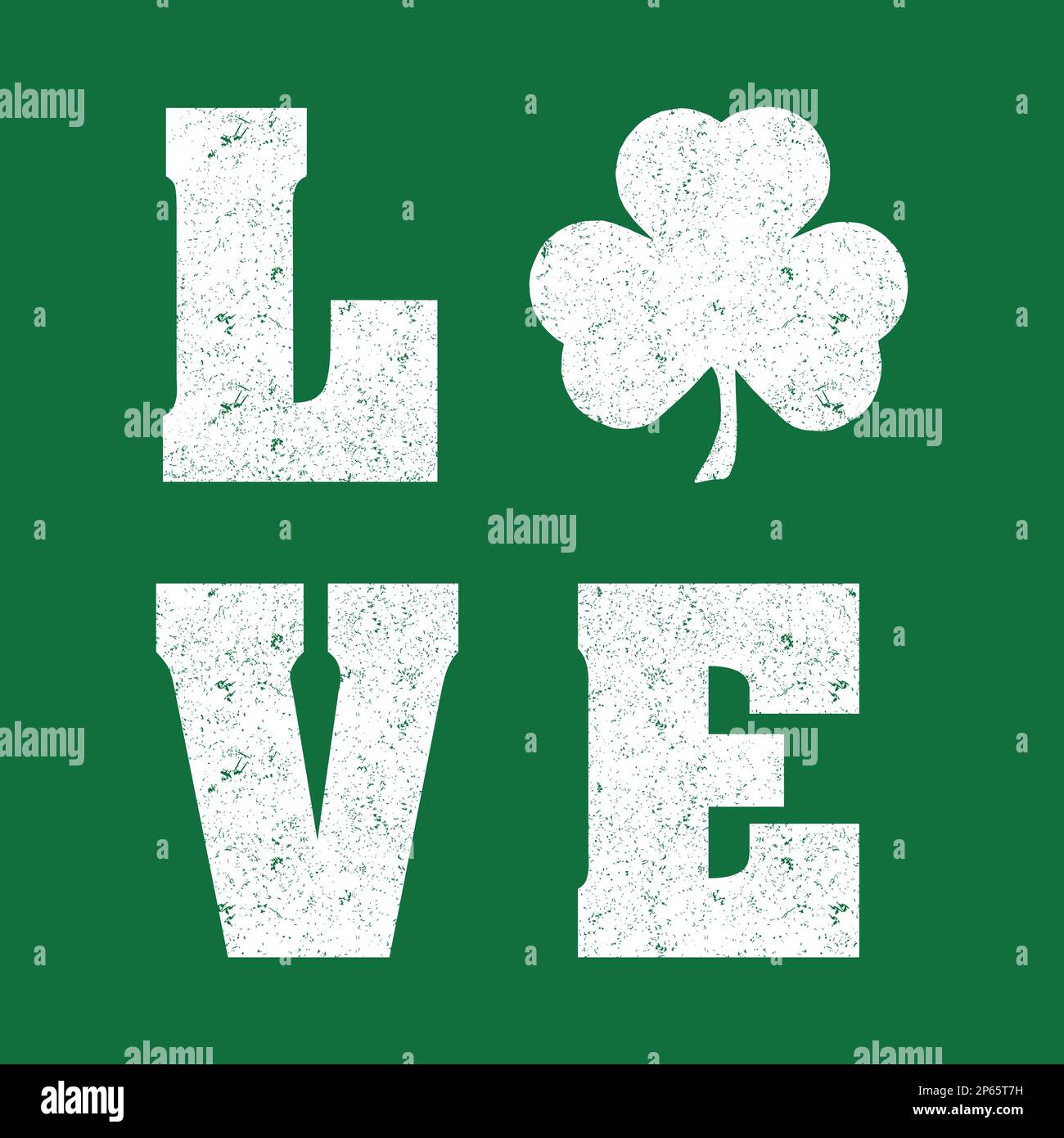 Love-Text mit vierblättrigem Klee-Design und Grunge-Effekt. Stock Vektor