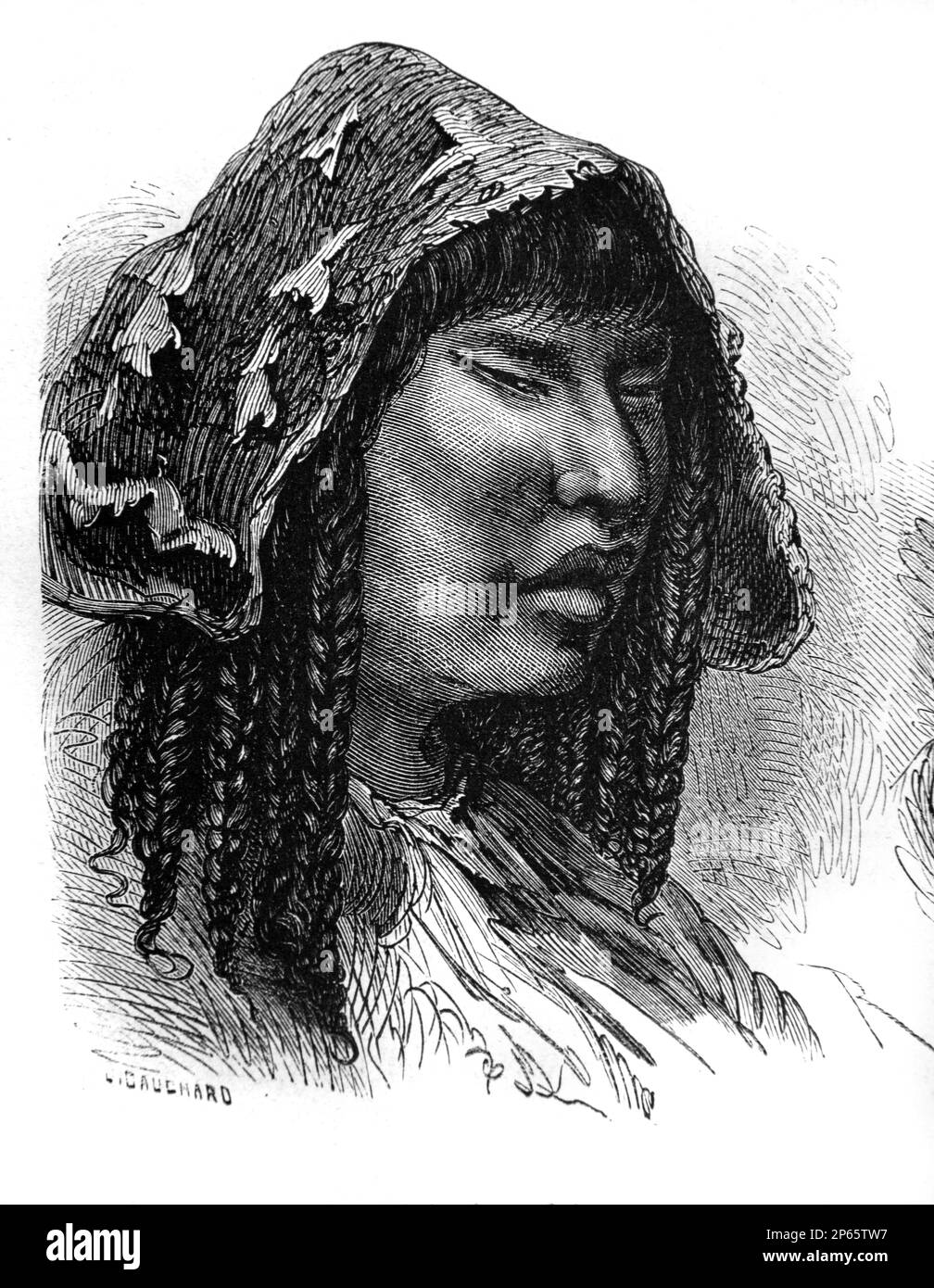 Porträt der Quechua-Frau, indigene Völker Südamerikas, insbesondere Perus und Boliviens, in traditioneller Kleidung einschließlich eines Ponchos. Vintage-Gravur oder Illustration 1862 Stockfoto