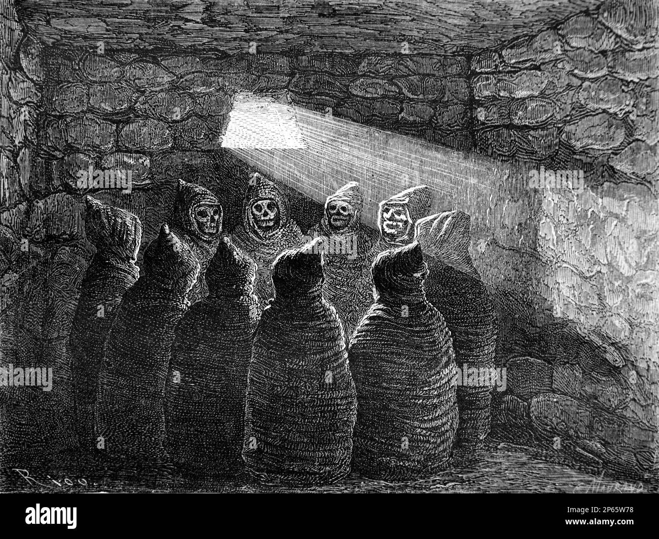 Aymara Mumien oder Leichen in einer fetalen Position in einem Chullpa oder Chulpa, ein antiker Aymara Grabturm, Grab oder Sepulchre, in der Region Altiplano in Peru und Bolivien. Vintage-Gravur oder Abbildung 1862 Stockfoto