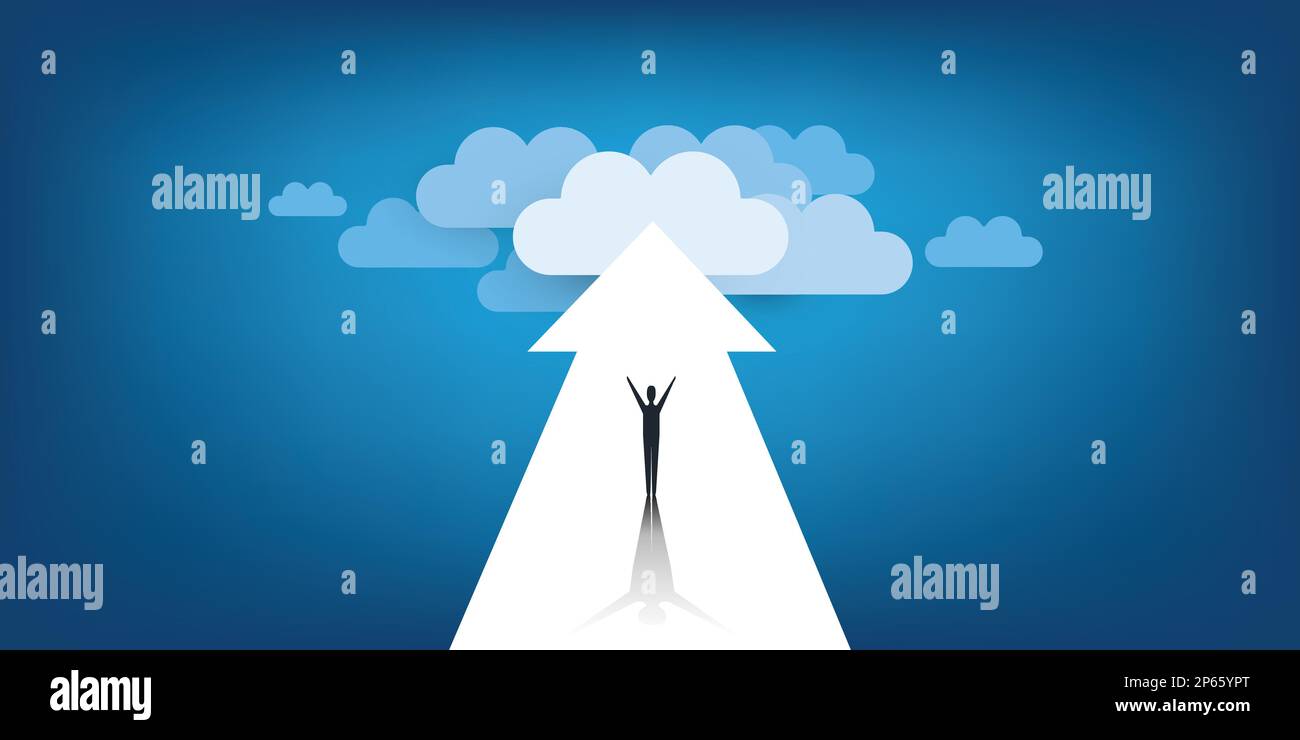 Neue Möglichkeiten, Hoffnung, Träume – Geschäft, Lösungsfindung – Mann steht auf einem großen Pfeil und zeigt auf Wolken am Ende der Straße Stock Vektor