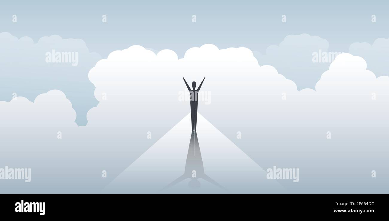 Neue Möglichkeiten, Hoffnung, Träume – Geschäft, Lösungsfindung – Geschäftsmann, der vor dem Wolken steht Stock Vektor