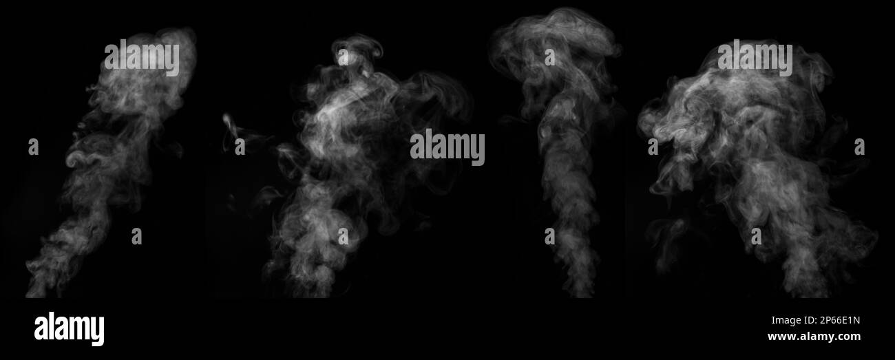 Ein Set aus 4 verschiedenen Dampf-, Rauch- und Gaskanälen auf schwarzem Hintergrund. Wirbelnder Rauch, der Ihre Fotos überlagert. Ein rauchiges Banner Stockfoto
