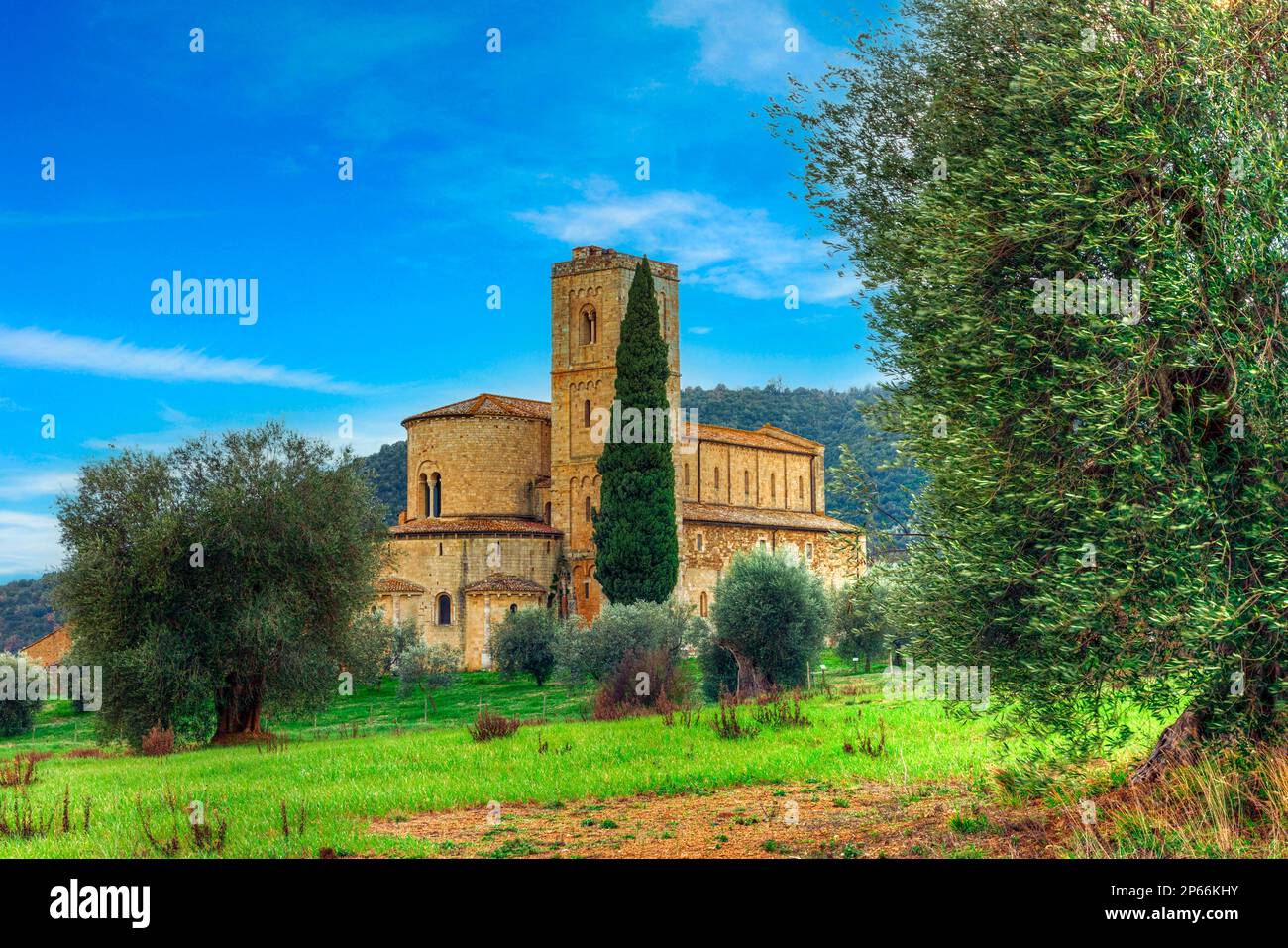 Abtei Sant'Antimo, Montalcino, Val d'Orcia, Toskana, Italien Stockfoto