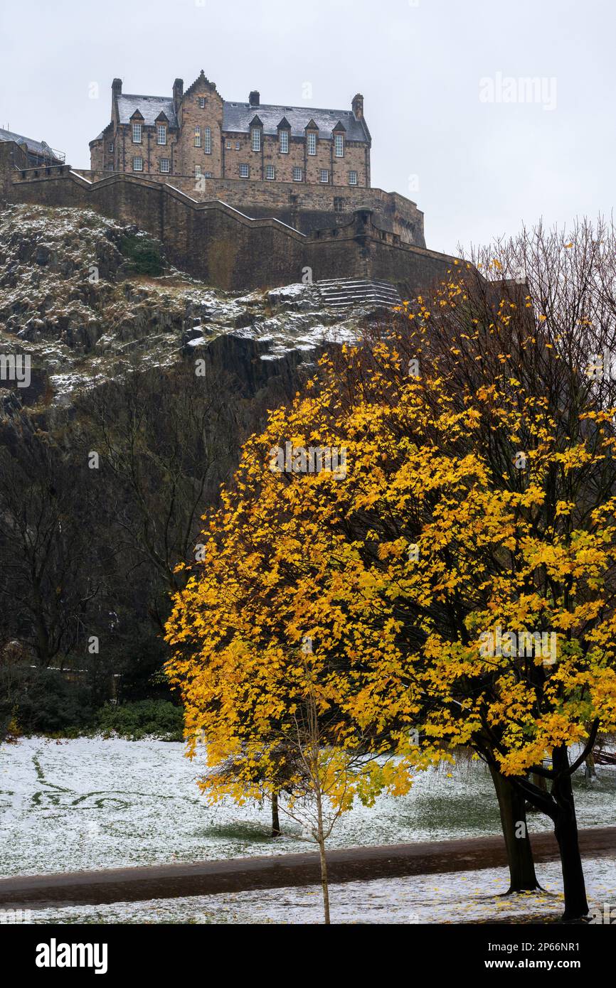 Edinburgh Castle, UNESCO-Weltkulturerbe, im Schnee mit einem Herbstbaum im Vordergrund, Edinburgh, Schottland, Großbritannien, Europa Stockfoto