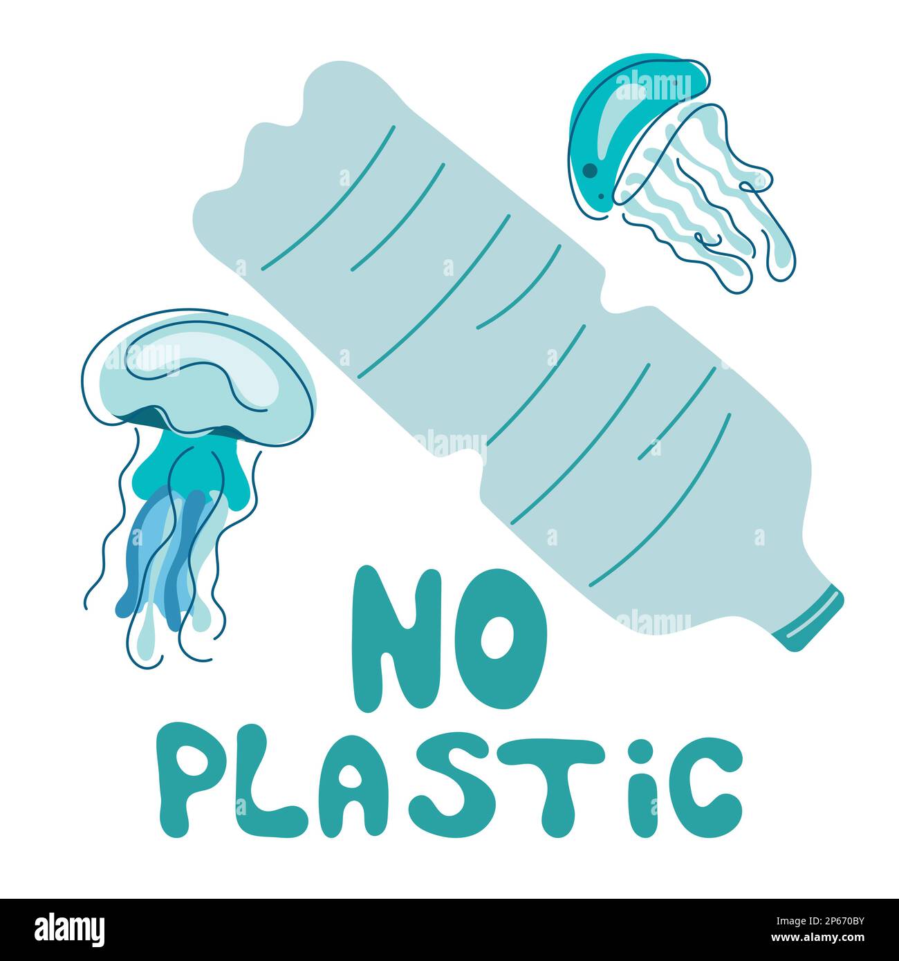Schmutzige Meeresumwelt, Tiere Quallen schwimmen mit Müll, Plastikflasche. Vektordarstellung mit Beschriftung NO PLASТIC. Klimawandel, RETTE DIE ERDE Stock Vektor
