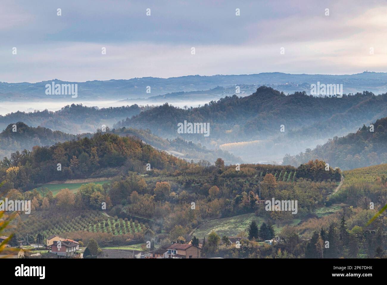 Hügel und Weinberge der Langhe, UNESCO-Weltkulturerbe, an einem Herbsttag Alba, Langhe, Cuneo, Piemont, Italien, Europa Stockfoto