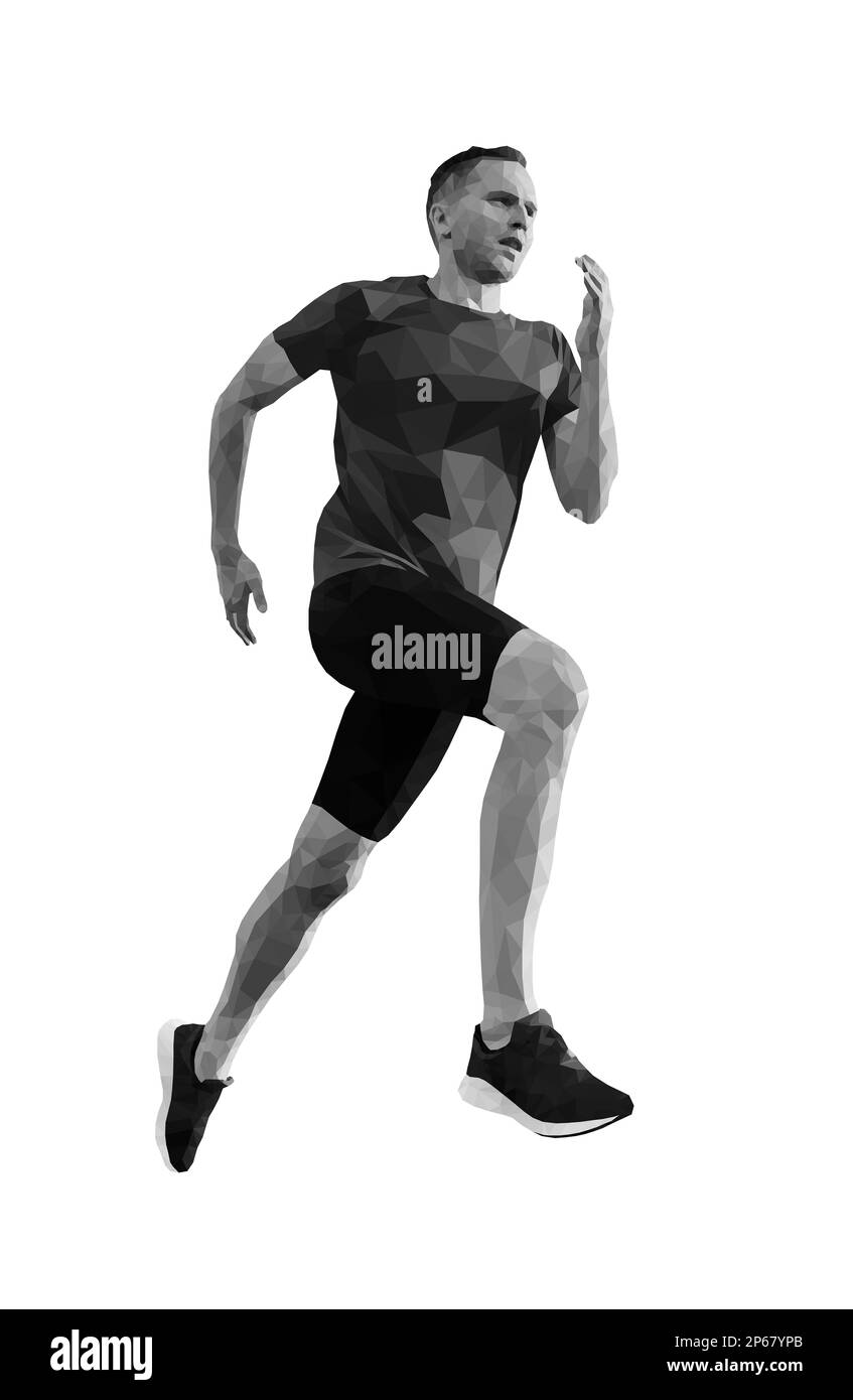 Runner-Athlet läuft, graue polygonale Illustration auf weißem Hintergrund Stockfoto
