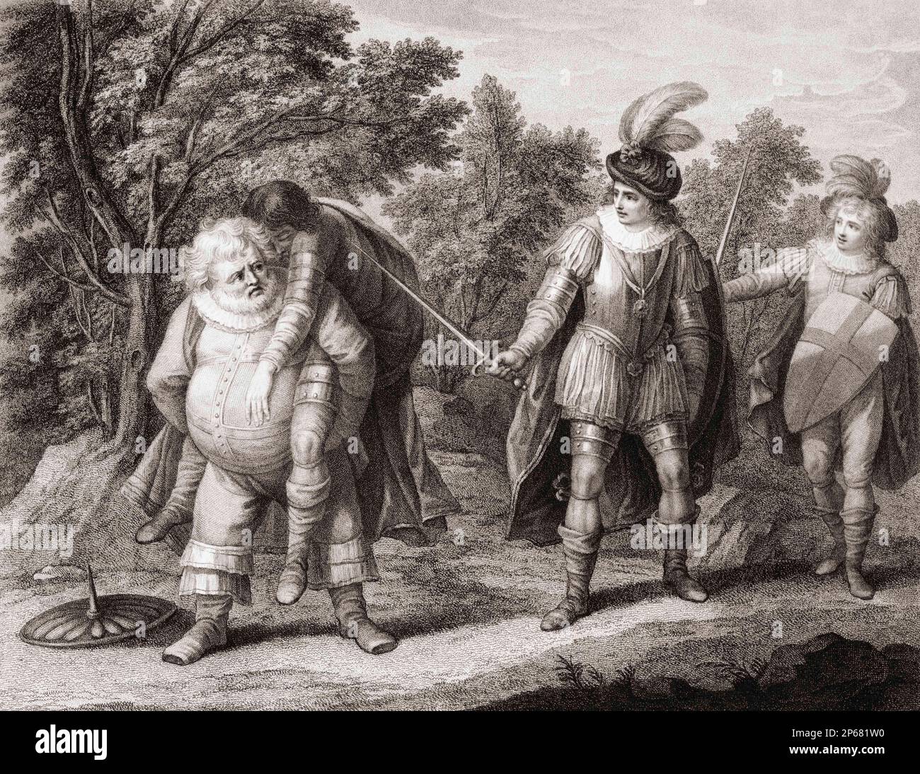 Falstaff mit der Leiche von Hotspur auf dem Rücken. Prinz Hal und Prinz John hinter ihm. Eine Szene aus William Shakespeares Stück Henry IV, erster Teil, Akt 5, Szene 4. Stockfoto