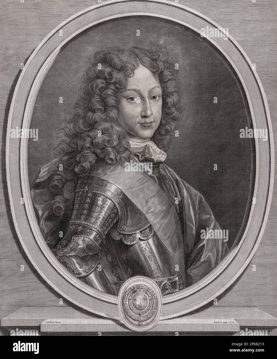 Ludwig, Herzog von Bourgogne, 1682-1712, ältester Sohn von Ludwig, GroßDauphin, und Enkel von König Ludwig XIV. Von Frankreich. Er war für seine militärischen Leistungen bekannt und war bereit, vor seinem frühen Tod im Alter von 29 Jahren der nächste König zu werden. Aus einem Abdruck von Gérard Edelinck nach der Arbeit von Jacques Hellart. Stockfoto
