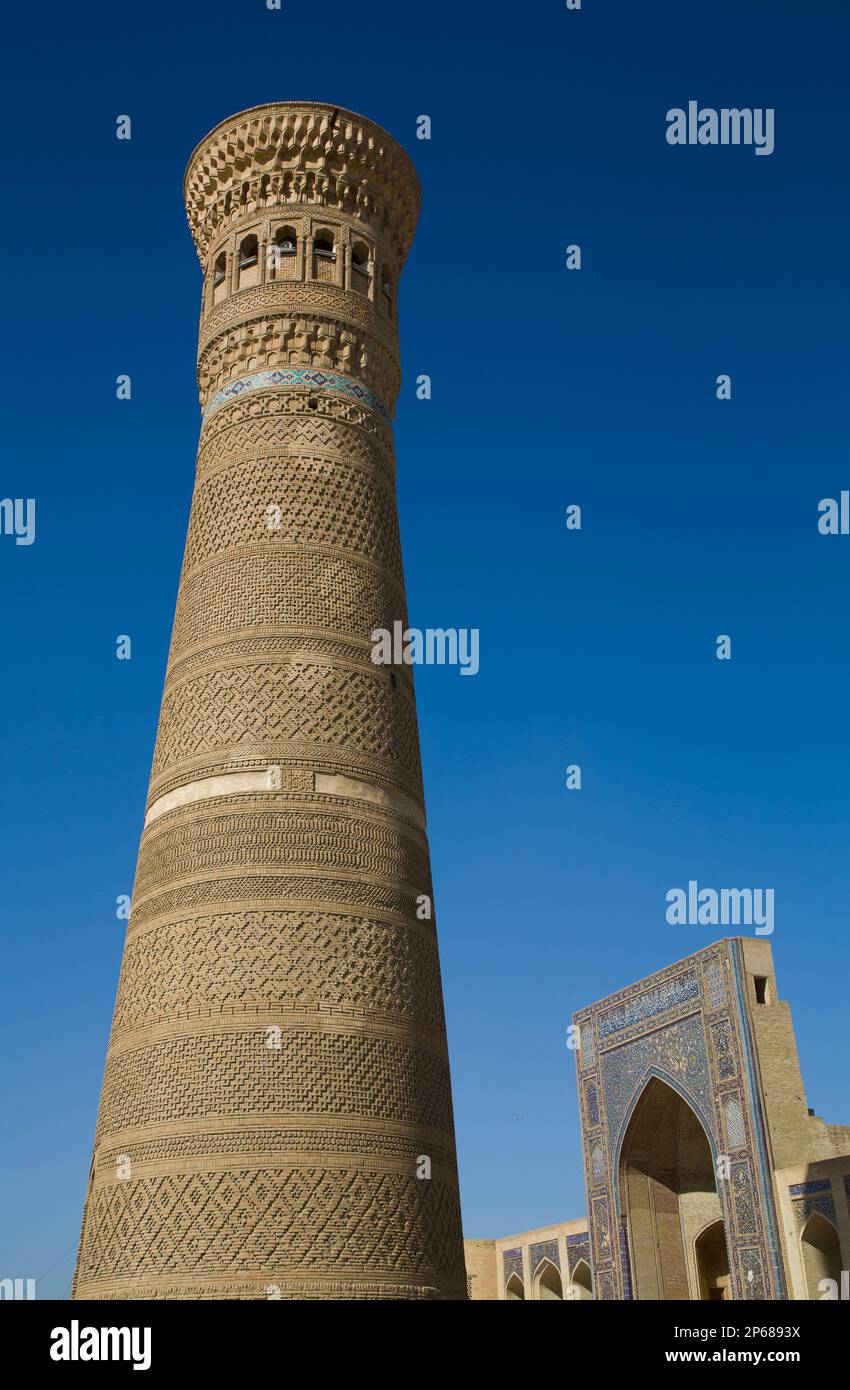 Kalyon Minar (Grosses Minarett), mir-i Arabische Madrasah im Hintergrund, POI-Kalyon-Platz, UNESCO, Bukhara, Usbekistan, Zentralasien Stockfoto