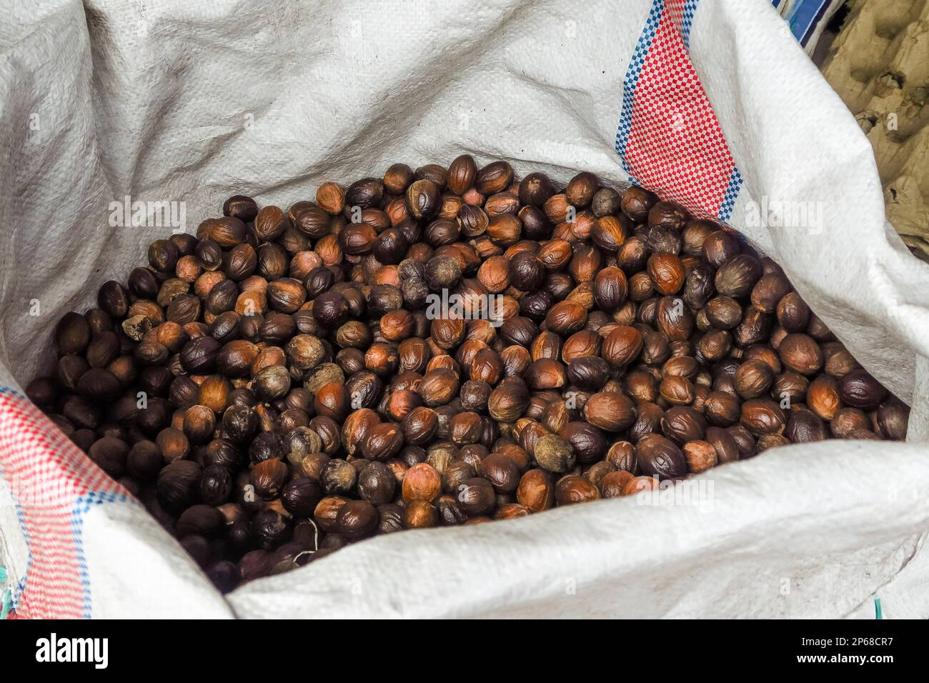 Muskatnuss im Sack auf dem Markt, ein aromatisches Gewürz und eine große Ernte, Ulu, Siau Island, Sangihe Archipel, North Sulawesi, Indonesien, Südostasien, Asien Stockfoto