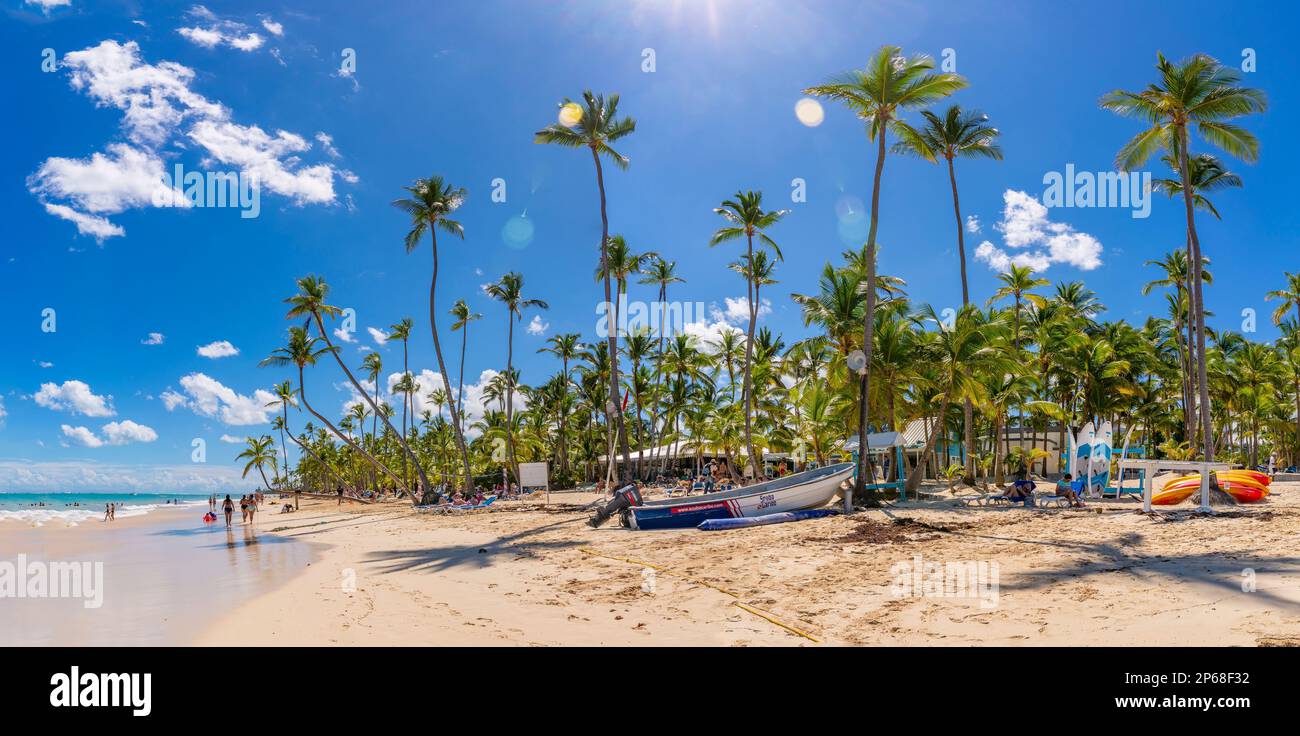 Blick auf Palmen und Meer am Bavaro Beach, Punta Cana, Dominikanische Republik, Westindischen Inseln, Karibik, Mittelamerika Stockfoto