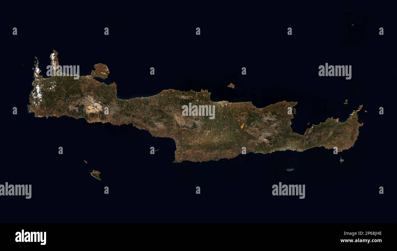 Kreta, die größte und bevölkerungsreichste griechische Insel, die vom Weltraum aus gesehen wird, enthält modifizierte Copernicus-Sentinel-Daten (2022) Stockfoto