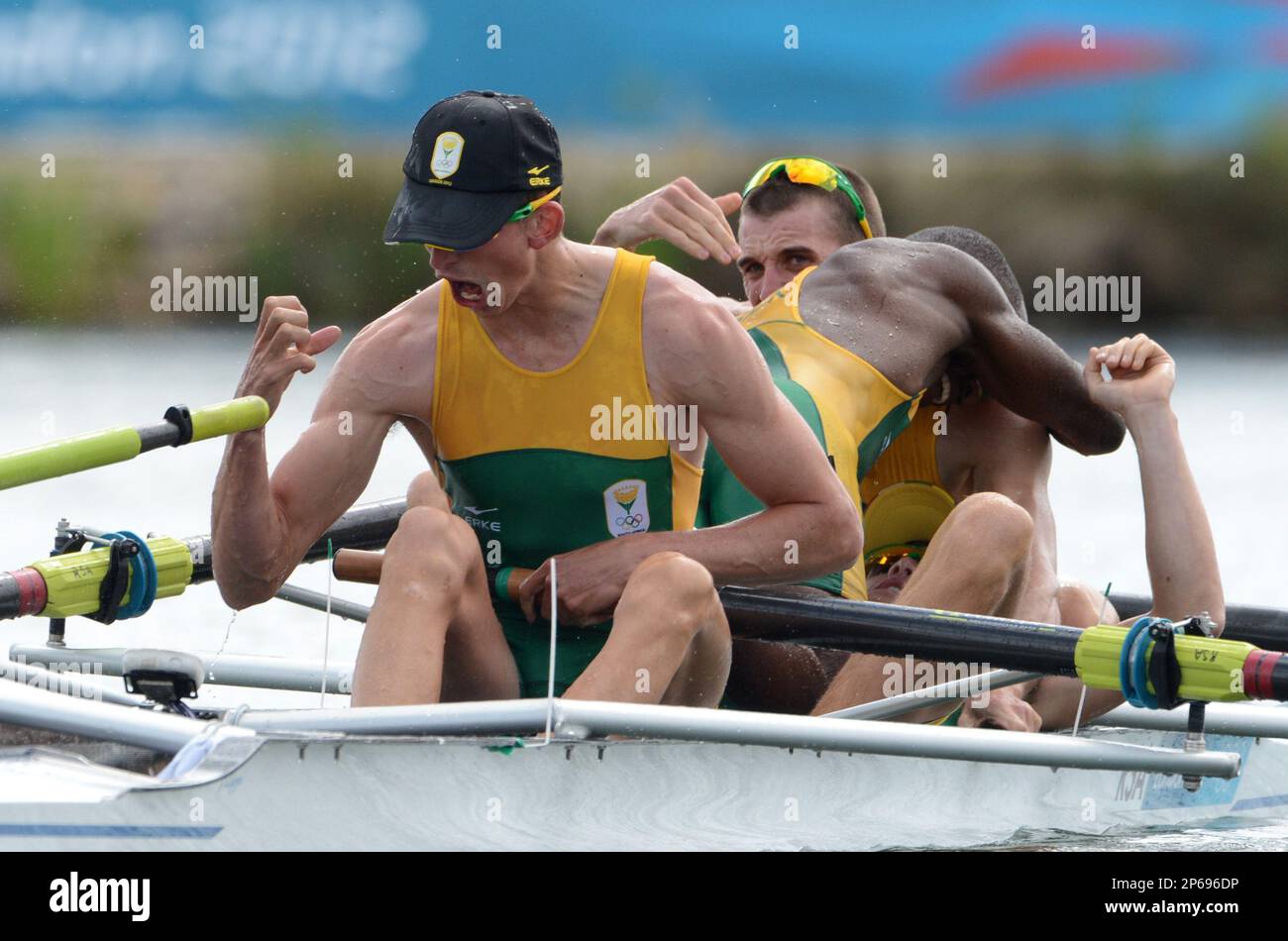 South Africa rowers, from rear, James Thompson, Matthew Brittain, Sizwe