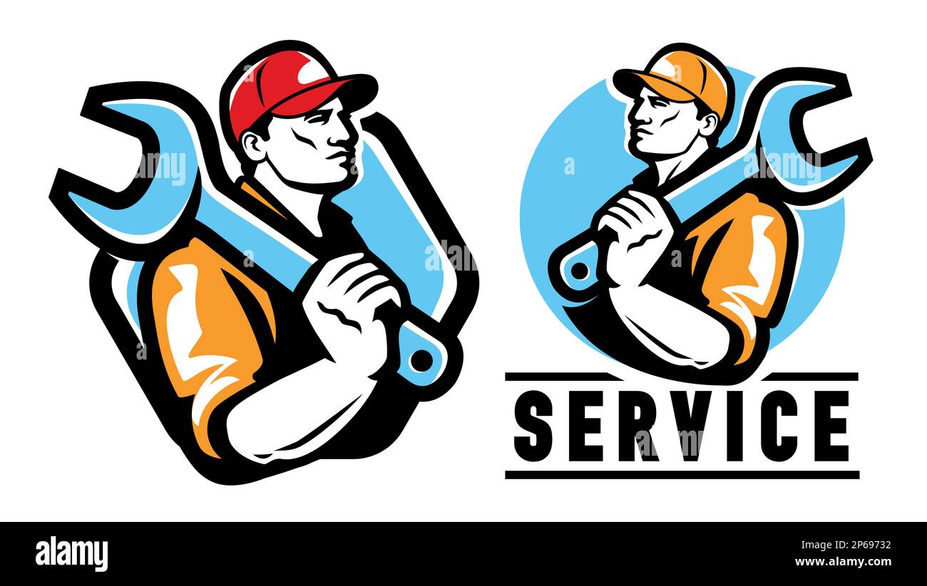 Bauarbeiter, Ingenieur-Emblem. Baumeister mit Schraubenschlüssel, Werkstattlogo. Vektordarstellung Stock Vektor