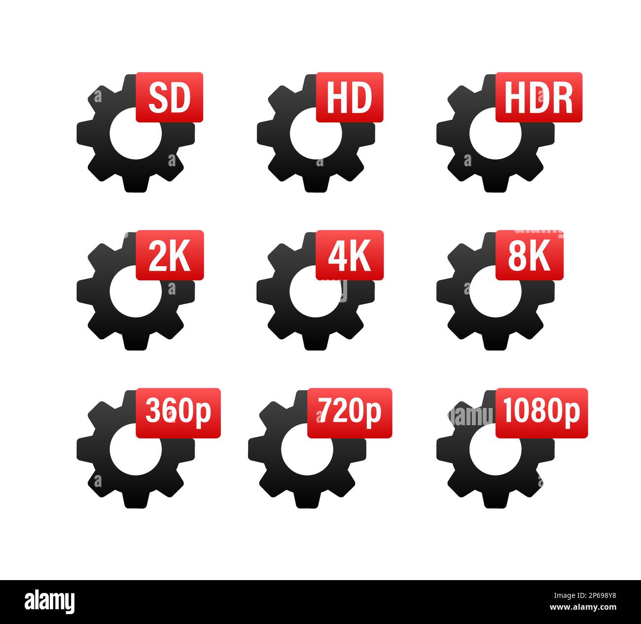 Etiketten für die Videoauflösung. 360 720p 1080p 2k 4K 6k 8k HDR Stock Vektor