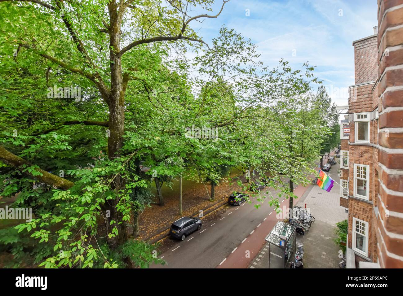 Amsterdam, Niederlande - 10. April 2021: Eine Straße mit Autos, die an der Seite geparkt sind, und Bäumen in der Mitte der Straße, die von oben genommen wird Stockfoto