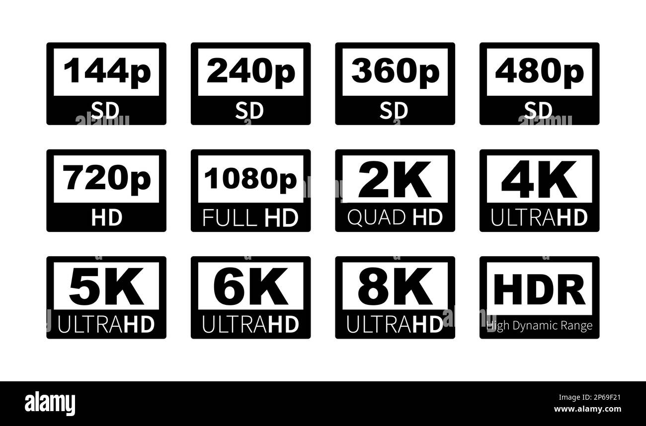 Etiketten für die Videoauflösung. 360 720p 1080p 2k 4K 6k 8k HDR Stock Vektor