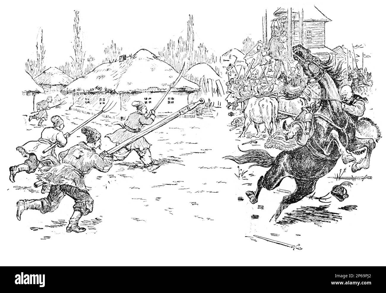 Illustration aus dem Buch Bohdan Khmelnytskyi, M. Starytskyi. UM 1645: Aufstand der Bauern in Zolatarevo, Waffen dieser Zeit für die Stru Stockfoto