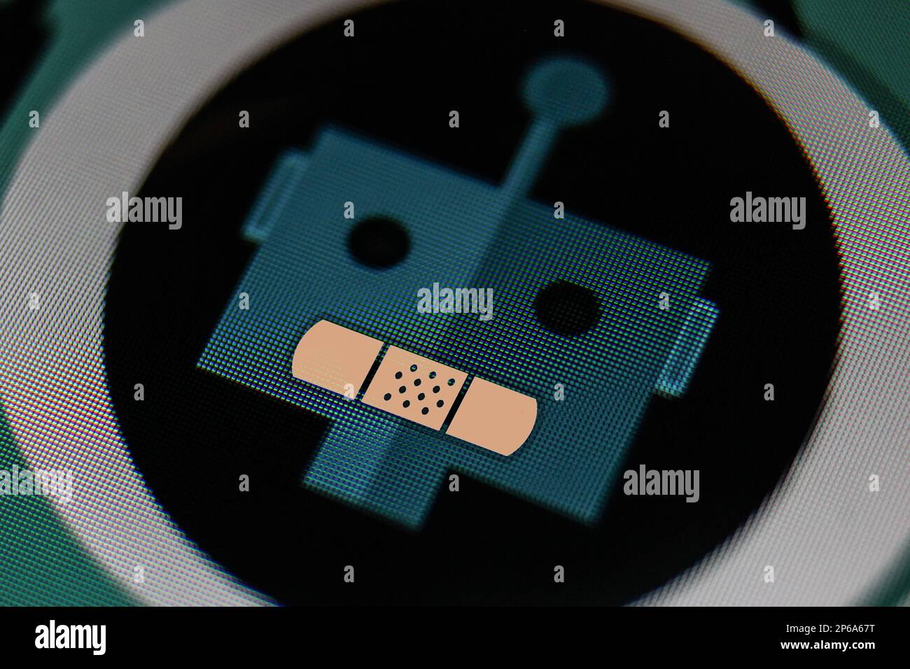 ChatGPT künstliche Intelligenz Chatbot-Symbol mit Bandhilfe in der Maus auf dem Computerbildschirm Stockfoto