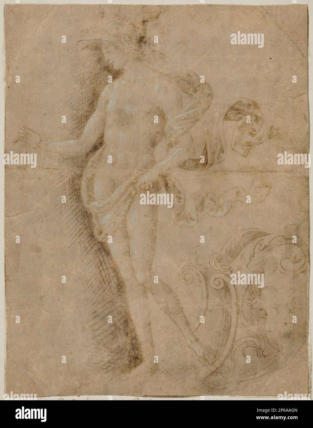 Nach Perugino (Pietro di Cristoforo Vannucci), Quecksilber, 1466–1600, Metalpoint, Pinsel und graue Tinte, mit weißer Schärfe auf hellgraubraunem Papier. Stockfoto