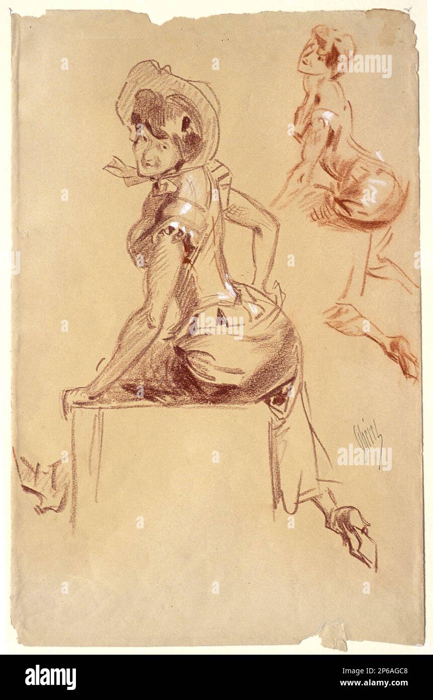 Jules Chéret, zwei Studien über sitzende Frau, von hinten gesehen, über ihre linke Schulter, c. 1900, rötlich-braune Kreide, mit weißem, braunem Papier verstärkt. Stockfoto