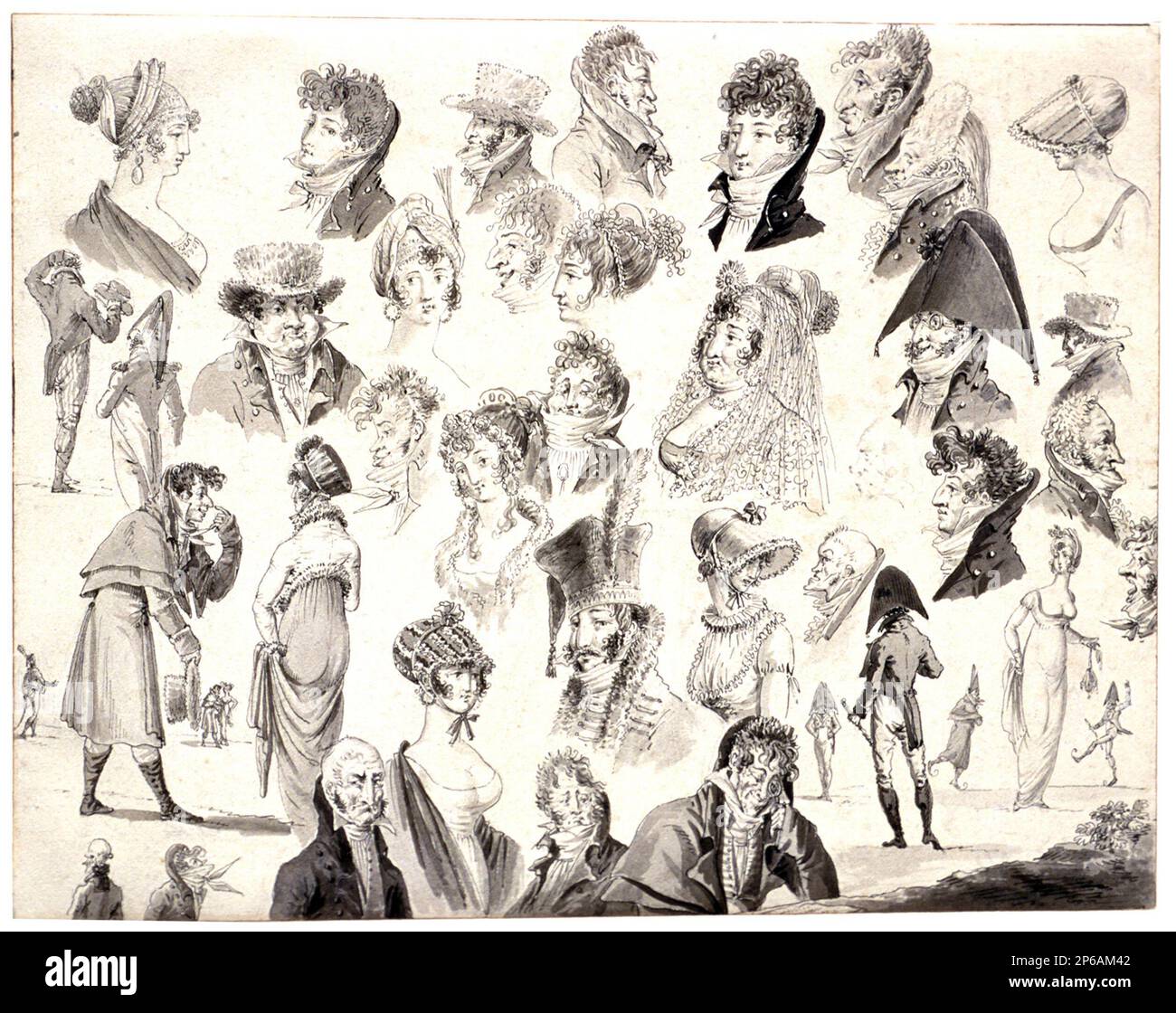 Jean-Baptiste Isabey, Blatt mit Karikaturen, 1777–1855, Stift und graue Tinte, Bürste und graue Tinte, auf cremefarbenem gewebtem Papier. Stockfoto