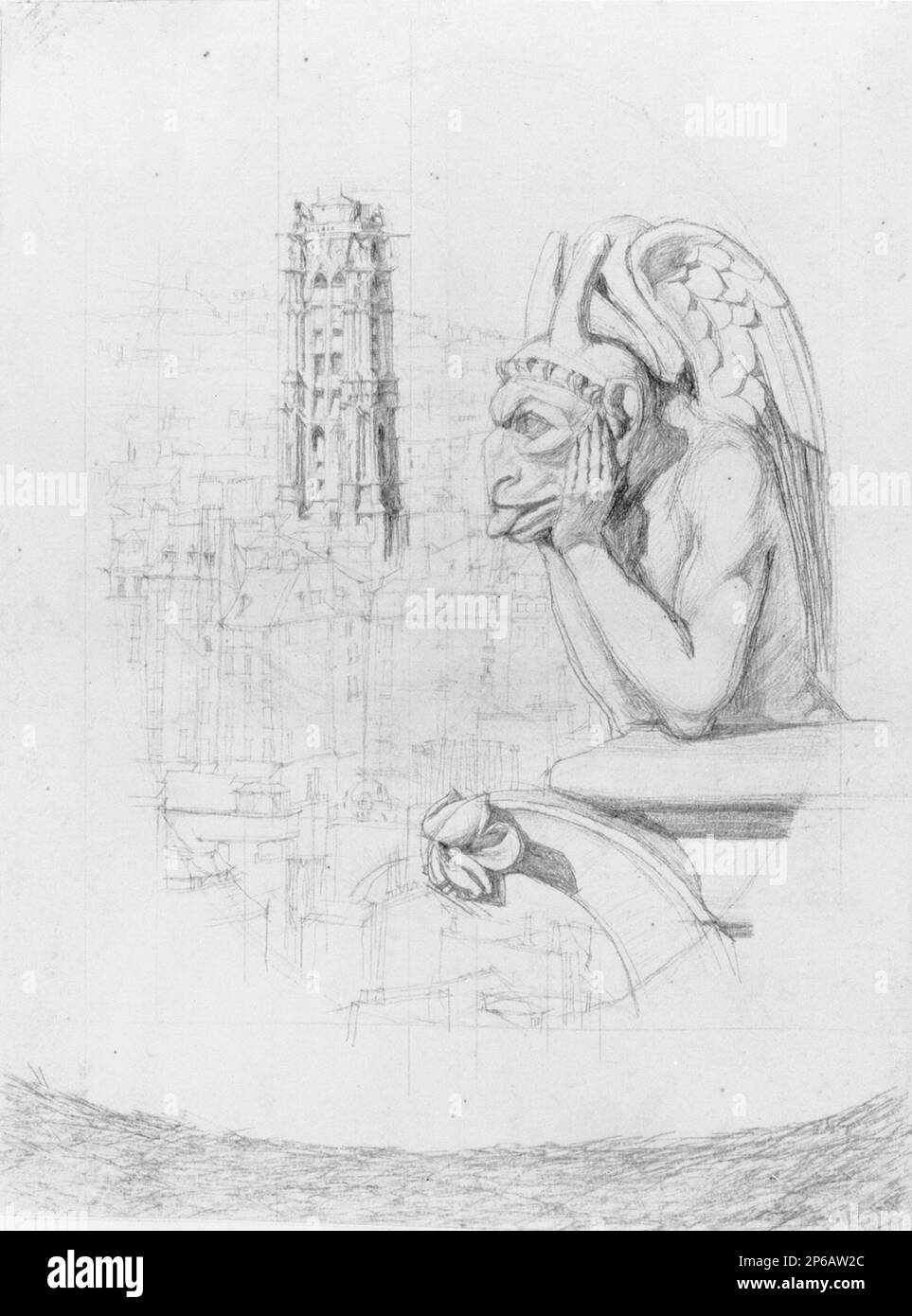 Charles Meryon, Studie für "Le Stryge": Die Chimera und der Turm des Heiligen Jacques, vor 1853, Bleistift auf Papier. Stockfoto