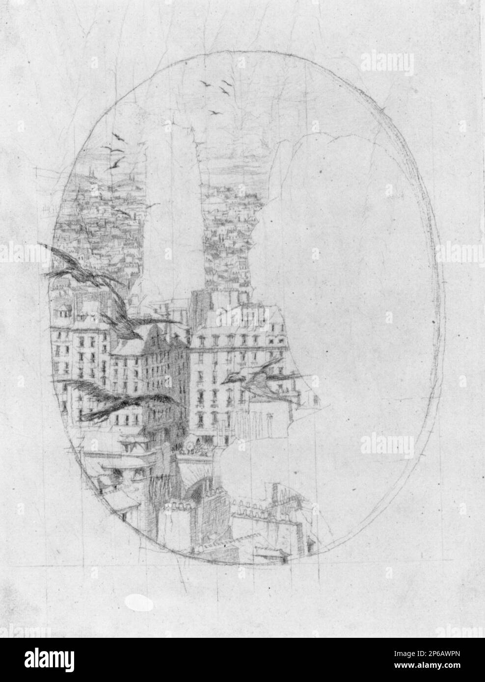 Charles Meryon, Studium für "Le Stryge": Die Stadt und die Vögel, vor 1853, Bleistift auf Papier. Stockfoto