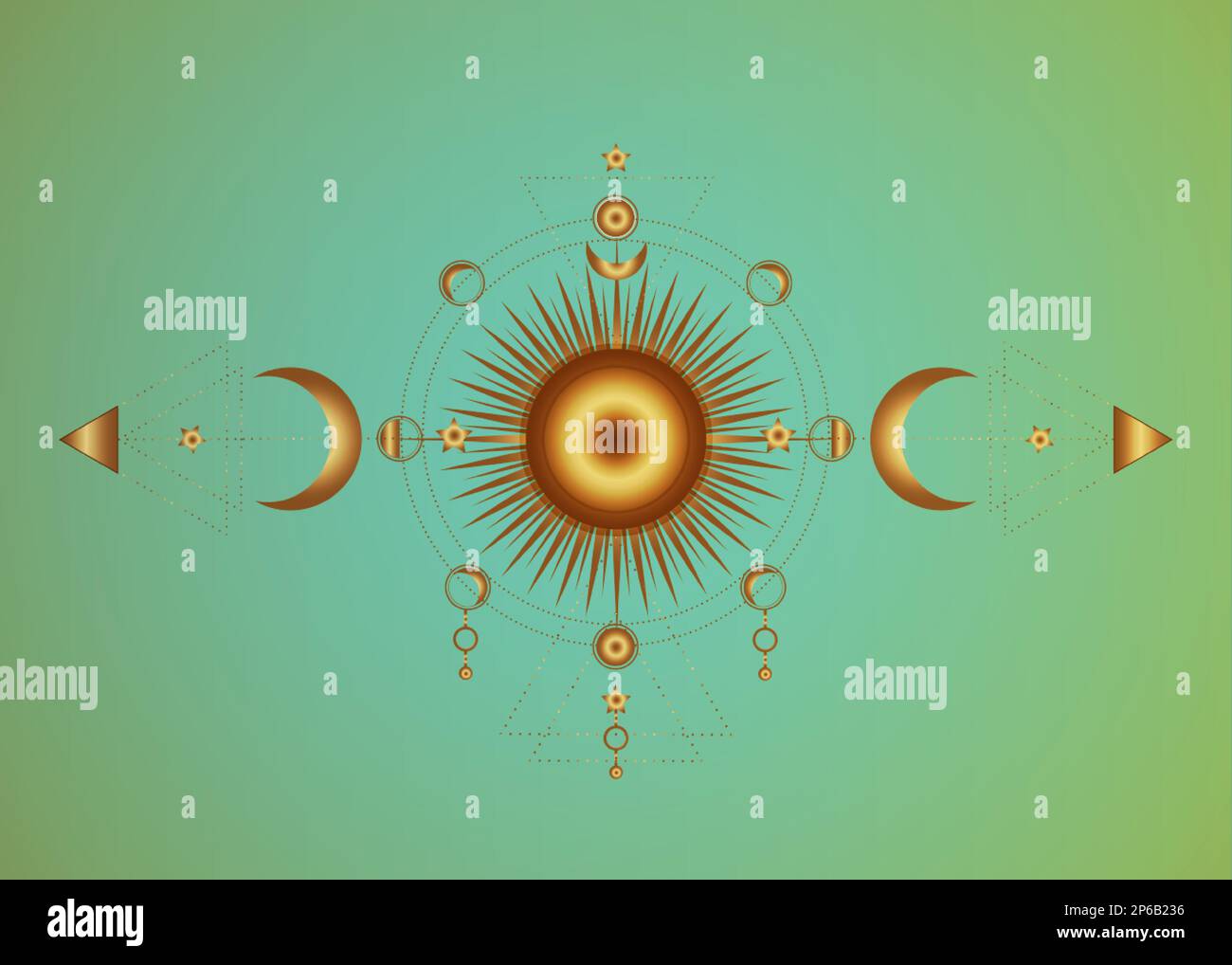 Kreis einer Mondphase und strahlende Sonne, goldene heilige Geometrie. Dreimondgöttsymbol einer heidnischen Hexe. Mystisches Tattoo, Astrologie, Alchemie, Bo Stock Vektor