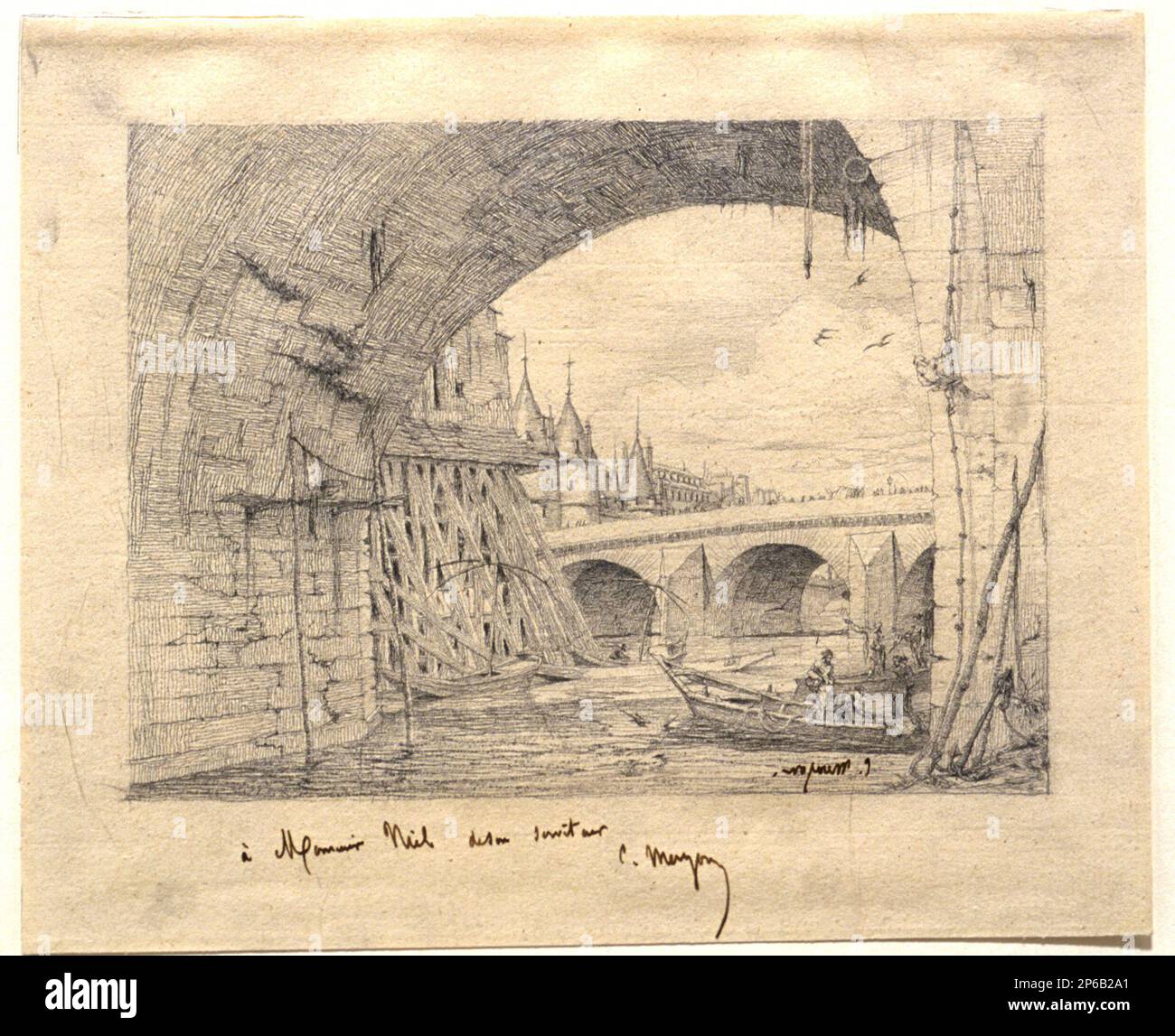 Charles Meryon, Studium für "L'Arche du Pont Notre-Dame", vor 1853, Bleistift auf Papier. Stockfoto