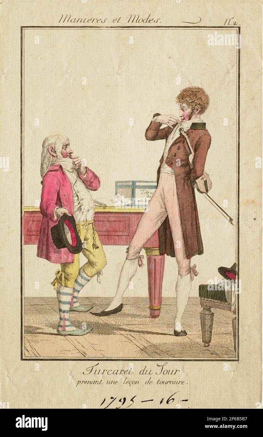 Philibert-Louis Debucourt, Modes et Manières Nr. 2: Turcaret du Jour prenant une lecon de Tournure, 1800, handfarbige Ätzung auf Papier. Stockfoto