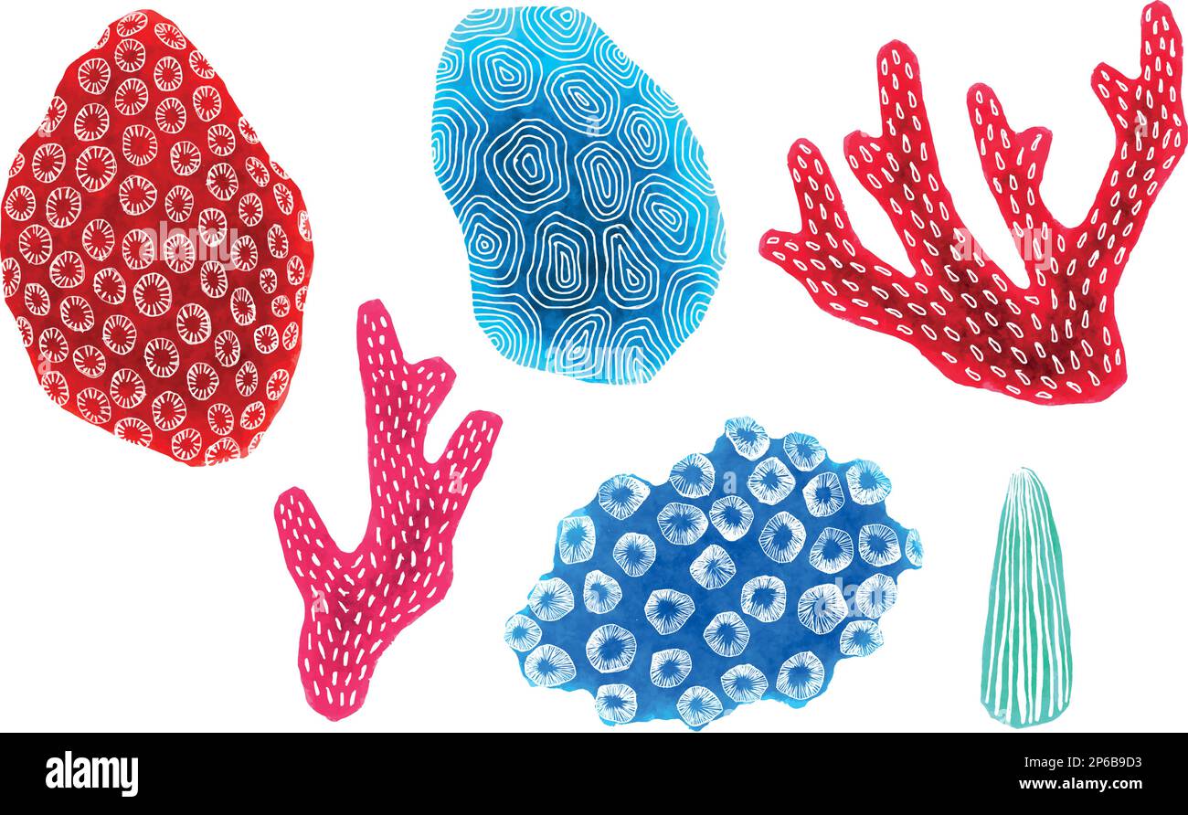 Aquarelle Sea Life Vector Illustrationen. Korallen und Schalen auf weißem Hintergrund getrennt für Druck, Stoff, Textil, Fertigung, Tapeten. S Stock Vektor