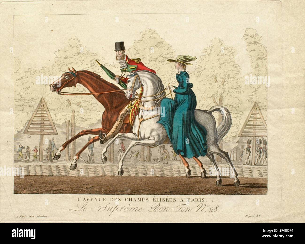 Georges Jacques Gatine, Le Suprême Bon-Ton Nr. 28: L'Avénue des Champs Elisées A Paris, 1783–1824, handfarbige Ätzung auf Papier. Stockfoto