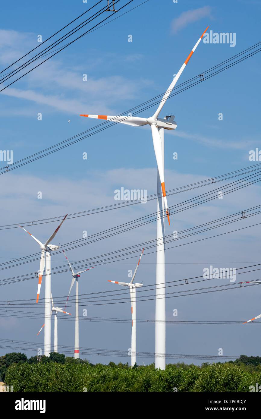 Windturbinen mit Stromleitungen aus Deutschland Stockfoto