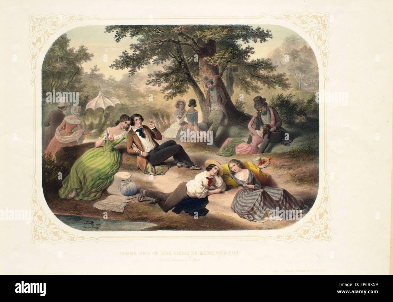 Derancourt, Comme on suit son cours de médicine à Paris (Cours de botanique à Engheim), 19. Jahrhundert, teilweise handgefärbte Chromolithographie auf gewebtem Papier. Stockfoto