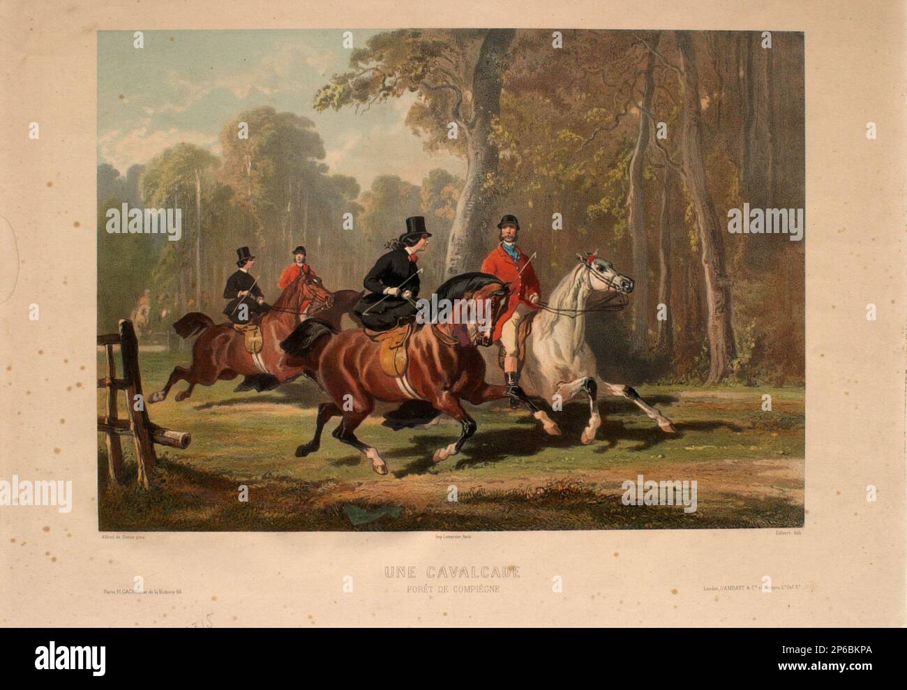 Pierre Vincent Gilbert, Une Cavalcade, Forêt de Compiègne, 1810–1883, Chromolithograph, Teilweise handgefärbt, auf gewebtem Papier. Stockfoto Pierre Vincent Gilbert, Une Cavalcade, Forêt de Compiègne, 1810–1883, Chromolithograph, Teilweise handgefärbt, auf gewebtem Papier. Stockfoto